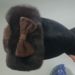 Vintage Real Mink Fur & Suede Hat With Cute Bow